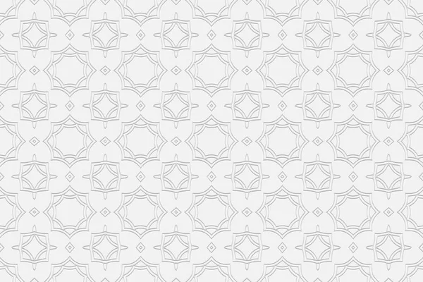 Ses düzeyi dışbükey beyaz arkaplan. Üç boyutlu etnik geometrik süs. Kabartmalı orijinal kıvırcık desen. Tasarım için vektör grafikleri.