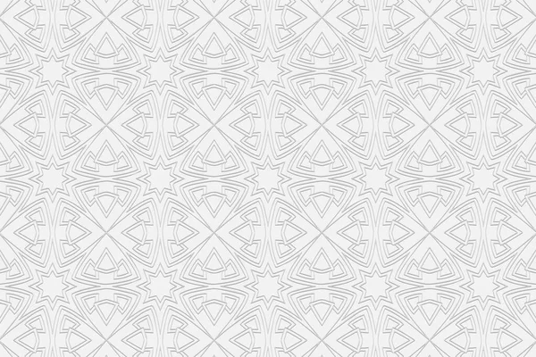 Объемный Выпуклый Белый Фон Этнический Геометрический Орнамент Тисненый Кудрявый Узор — стоковый вектор