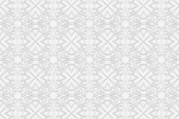 Fondo Bianco Convesso Volumetrico Ornamento Geometrico Etnico Modello Riccio Goffrato — Vettoriale Stock