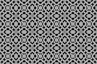 Siyah beyaz geometrik desen. Doğulu, İslami, Arapça, Marakan dürtüleri. Etnik soyut arka plan. Renklendirme şablonu, sunumlar, duvar kağıtları, tekstil.