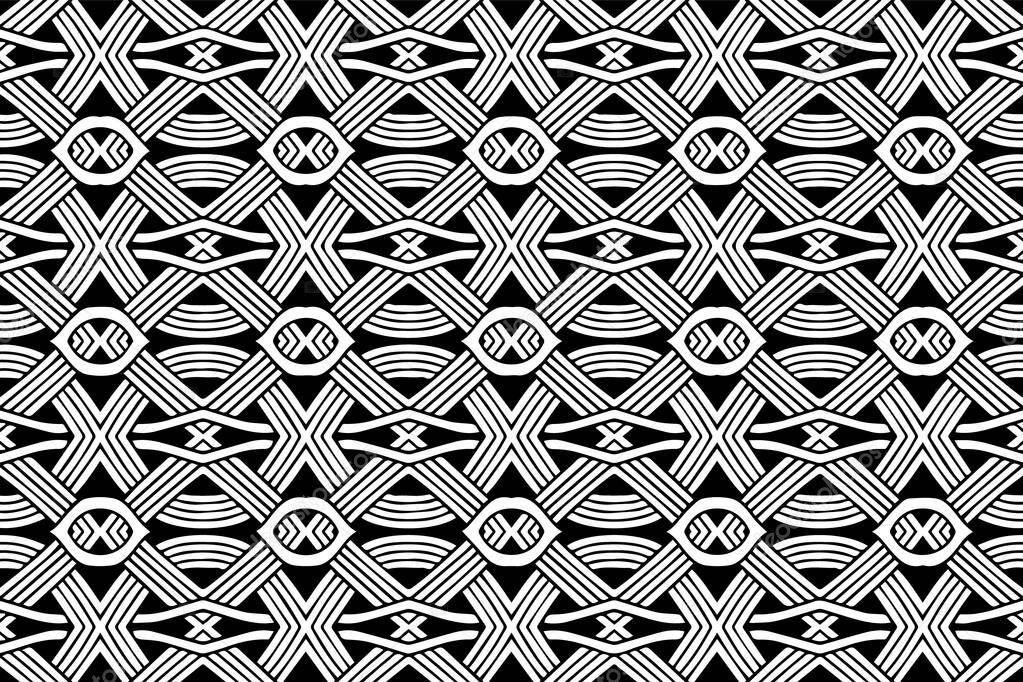 Black white geometric background. Ethnic Islamic, Moroccan, Arabic pattern. Abstract doodling style.Template for wallpaper, stained glass, presentations, textiles.