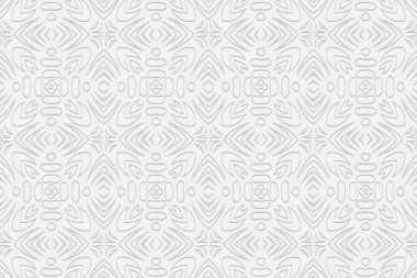 3d hacimli geometrik beyaz arkaplan. Doğu İslami, Fas tarzı. Etnik rahatlama desenli süs. Sunumlar, web siteleri, tekstil, renklendirme için moda duvar kağıtları.