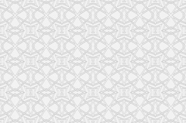 3d hacimli geometrik beyaz arkaplan. Doğu İslami, Fas tarzı. Etnik rahatlama desenli süs. Sunumlar, tekstil ve renklendirme için şekillendirilmiş duvar kağıtları.