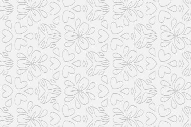 3d hacimli geometrik beyaz arkaplan. Doğu İslami, Fas tarzı. Etnik rahatlama desenli süs. Sunumlar, tekstil ve renklendirmeler için zarif kalplere sahip duvar kâğıdı.