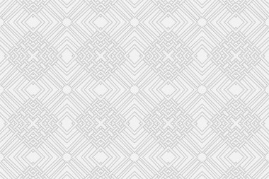 3d hacimli geometrik beyaz arkaplan. Doğu İslami, Fas tarzı. Birbirine dolanmış çizgileri olan etnik yardım desenli bir süs. Sunumlar için duvar kağıdı, tekstil, vitray.