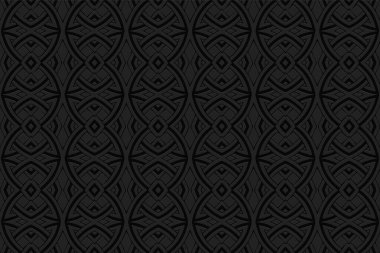 3d hacimli geometrik siyah arkaplan. Etnik kabartmalı İslami, Fas kökenli, Arap kökenli. Zarif moda karalama tarzı. Duvar kağıdı, vitray, sunum, tekstil için süs..