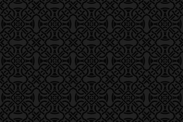 Fondo Negro Geométrico Convexo Volumétrico Patrón Elegante Étnico Relieve Orientales — Vector de stock