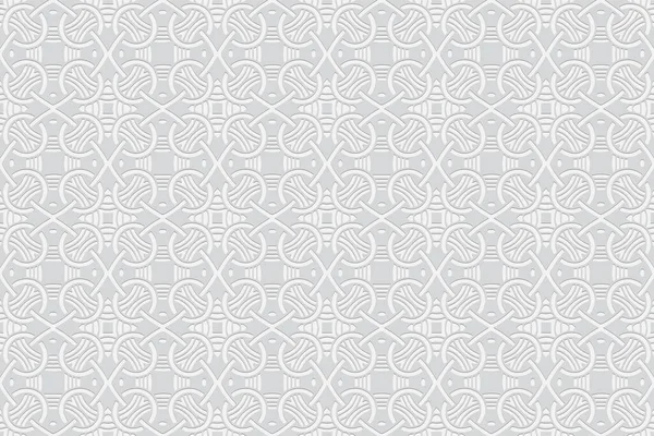Volumetrische Convexe Geometrische Witte Achtergrond Embossed Etnische Abstracte Krullend Patroon — Stockvector