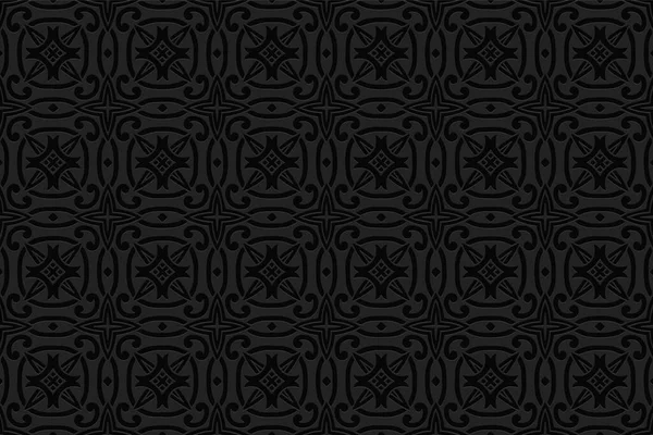 Fondo Negro Geométrico Convexo Volumétrico Patrón Abstracto Moda Étnica Relieve — Vector de stock