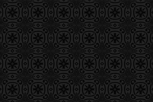 Fondo Negro Geométrico Convexo Volumétrico Patrón Rizado Moda Étnica Relieve — Vector de stock