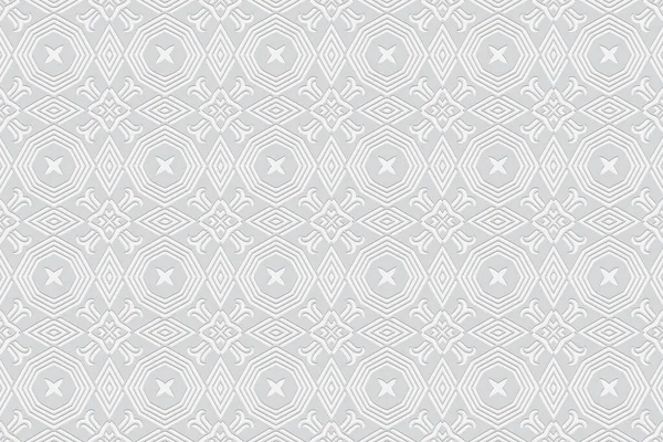 Volumetrische Convexe Geometrische Witte Achtergrond Embossed Etnische Traditionele Folk Patroon — Stockvector