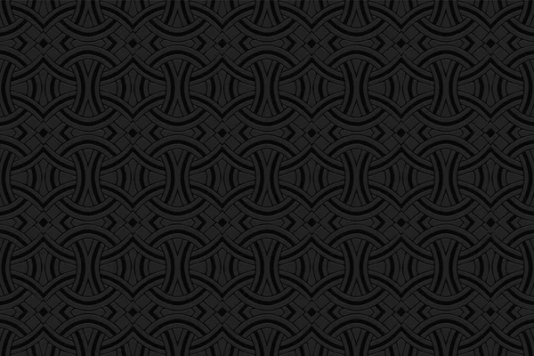 3D体积凸几何黑色背景 民族融合的伊斯兰式 摩洛卡式 阿拉伯式 优雅的装饰涂鸦风格 彩色玻璃 纺织品装饰 — 图库矢量图片