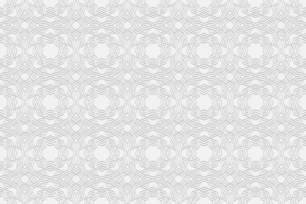 3d hacimli geometrik beyaz arkaplan. Etnik kabartmalı İslami, Fas kökenli, Arap kökenli. Güzel egzotik karalama stili. Duvar kağıdı, vitray, sunum, tekstil için süs..