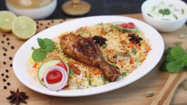 Tavuk biryani baharatlı Hint biryani Hyderabadi biryani, Dum Biryani pulao 4K yavaş çekim video görüntüleri Kerala Hindistan Sri Lanka basmati pirinç yemeği ve körili Ramazan Kareem, Kurban Bayramı