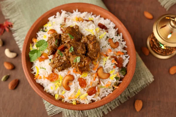 Carne Montone Biryani Pollo Biryani Speziato Indiano Malabar Biryani Hyderabadi — Foto Stock