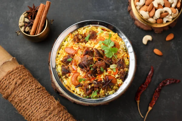 Carne Montone Biryani Pollo Biryani Speziato Indiano Malabar Biryani Hyderabadi — Foto Stock