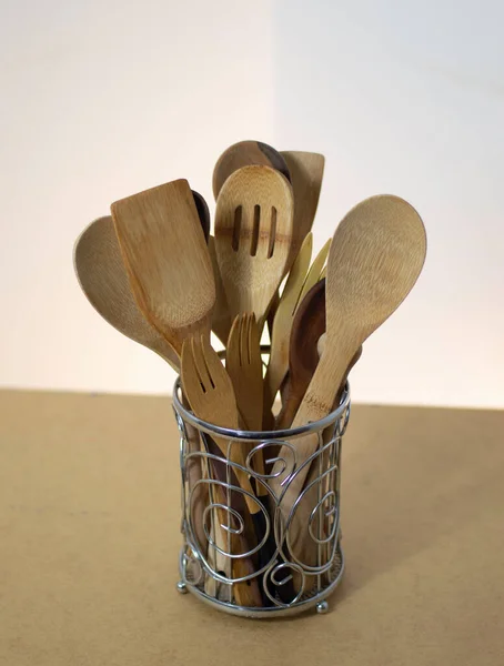 Wooden Spoon Metal Pot — Stock Photo, Image