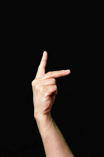 Handarbeit Und Buchstabe Internationale Zeichensprache Dunkler Hintergrund — Stockfoto