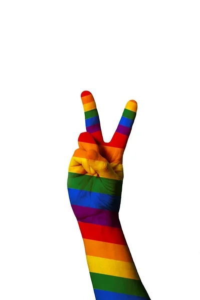 International Sign Peace Love Gesturing White Background Gay Pride Rainbow — Stock Photo, Image