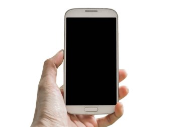 El ele tutuşan mobil alan izole edilmiş beyaz arkaplan
