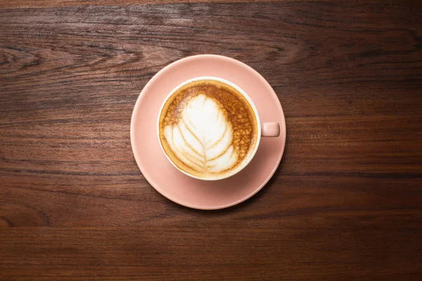 Vista Superior Café Caliente Arte Latte Taza Sobre Fondo Tabla — Foto de Stock