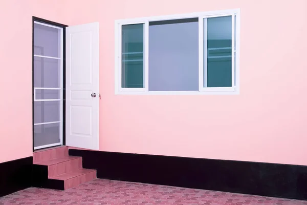 New House Interior Design Pink Wall Doors Window Floor Cement — Stock Photo, Image
