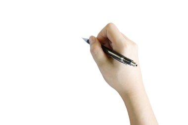 Sağ el kullanım alanı çiziyor ya da yazıyor. Beyaz arkaplanda izole.