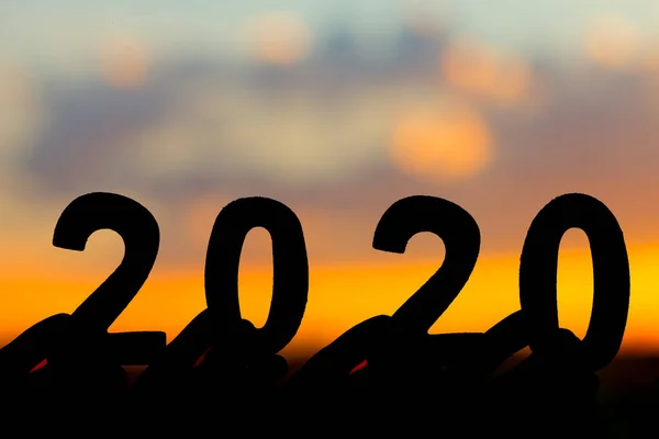 Silhouette 2020 Boldog Évet Kézben Tartó Szám Égen Felhő Szürkület — Stock Fotó