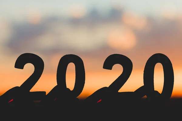 Silhouet 2020 Happy New Year Hand Met Houten Nummer Hemel — Stockfoto