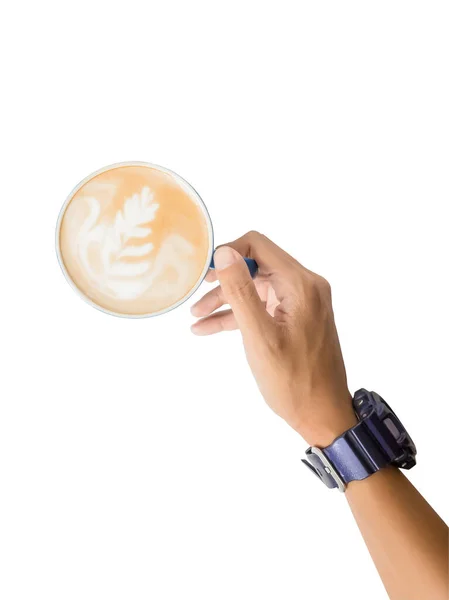 Ansicht Von Oben Hand Hält Heißen Kaffee Latte Tasse Isoliert — Stockfoto