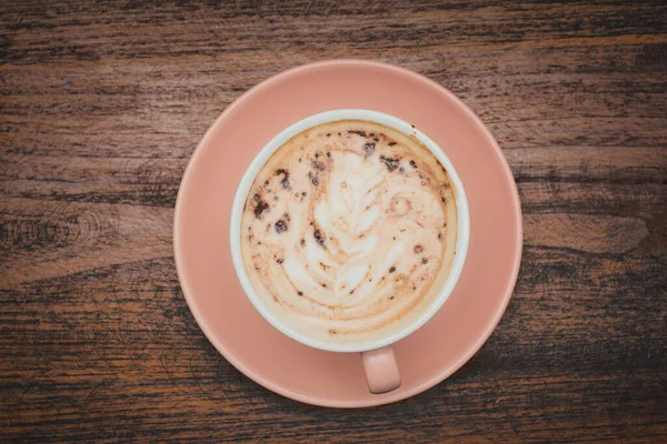 Top View Hot Coffee Latte Art Cup Brown Wood Table — Stok Foto