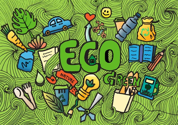 Yeşil Eko Çevre Konsepti Çizgi Film Sanatı Tasarım Vektörü Arkaplanı — Stok fotoğraf