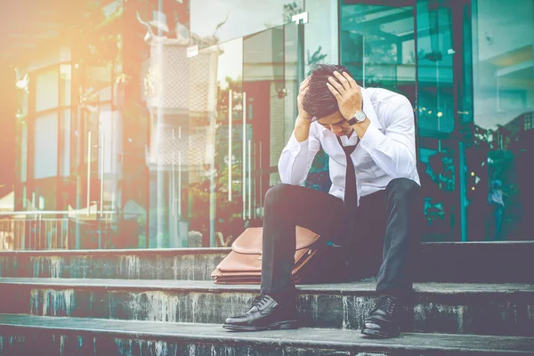 Asian Businessman Wearing White Shirt Sitting Stress Unemployed Staircase Work — Stock Photo, Image