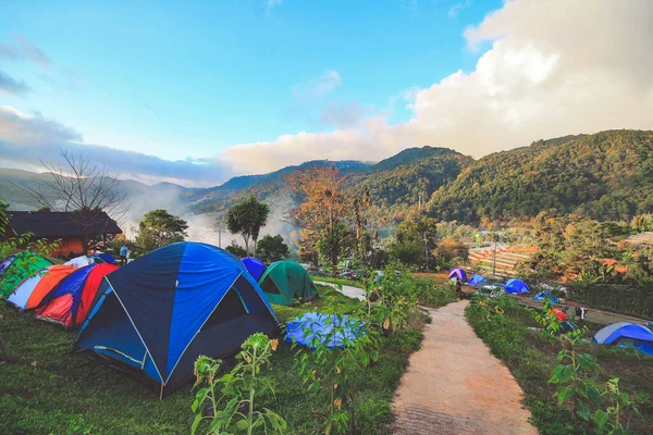 Tayland 'ın Doi Sureya, Doi Inthanon, ChiangMai dağlarında kamp yapan bir turist. Sabahları sisli olur.