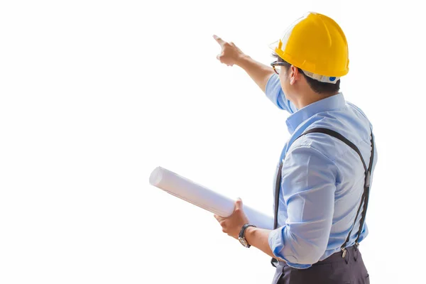 Asian Man Engineer Architect Handsome Blue Shirt Wearing Orange Helmet — Stockfoto