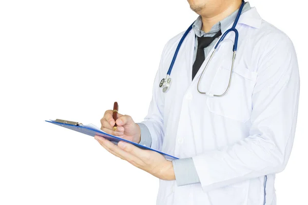 Opieka Zdrowotna Lekarz Pogotowia Piszący Raport Chorobie Pacjenta Odizolowane Białe — Zdjęcie stockowe