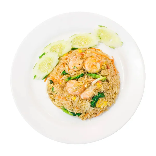Reker Stekt Ris Med Agurk Grønnkål Hvit Tallerken Thailandsk Mat – stockfoto