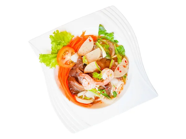 Vista Superior Ensalada Salchicha Cerdo Tailandesa Camarones Zanahorias Pimientos Rojos — Foto de Stock