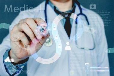 Elini kapat. Doktor, mavi arkaplandaki tıbbi dijital bilgilerle kalem noktasıyla beklemede kalın.