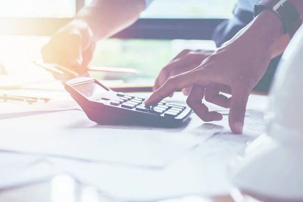 Close Man Hand Using Calculator Calculating Bonus Other Compensation Employees — Fotografia de Stock