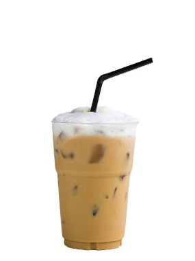 Iced cappuccino coffee cup on glass cup isolated white background.	