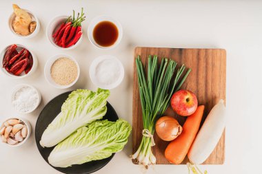 Ev mutfağının en iyi manzarası taze sebze ve Kore Tayland kimchi karışımı karışımı hazırlıyor sağlıklı, lezzetli mayalanmış bir yemek yapmak için..