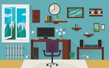 Mavi ev iş oda ofis vektör çizim etrafında şık uzun gölge efektli.