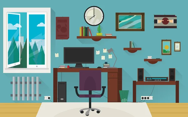 Blauwe thuiswerk kamer met stijlvolle lange schaduweffect rond de office vectorillustratie. — Stockvector
