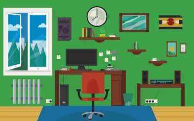 Yeşil ev iş oda ofis vektör tasarım etrafında şık uzun gölgeler efektli.