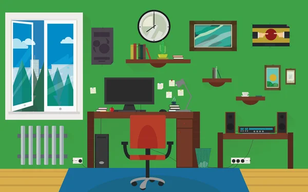 Groene thuiswerk kamer met stijlvolle lange schaduwen ingang rondom office vector ontwerp. — Stockvector