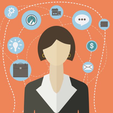 Flat style modern businesswoman infographic icon collage. Vector illustration of business woman in a suit with activity lifestyle, work duties, responsibility icons. Finance, time management concept. clipart