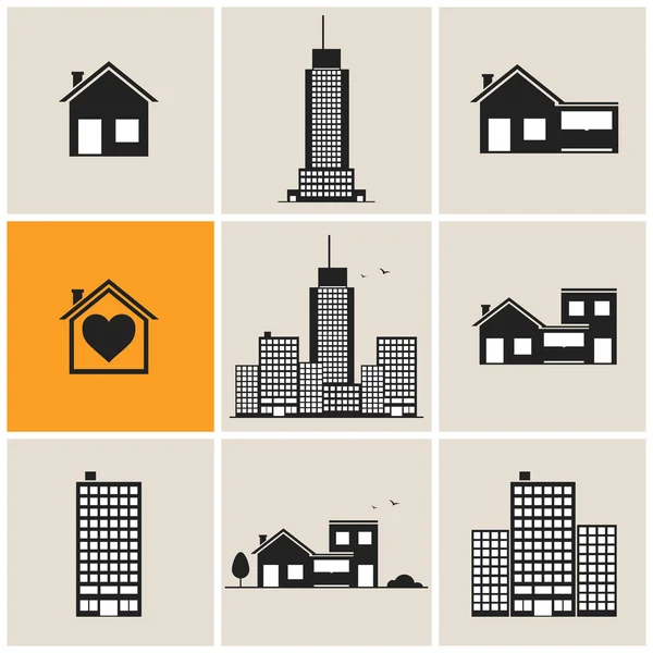 Conjunto de casas y edificios negros — Vector de stock