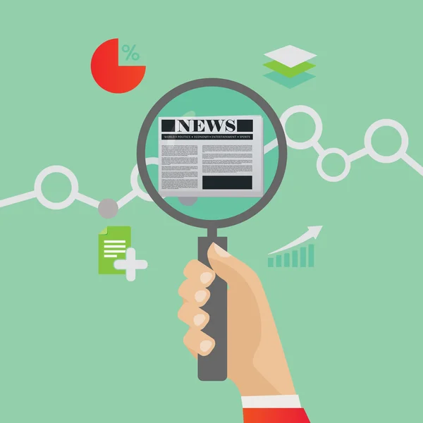 Hand holding a magnifier over a newspaper — Stock Illustration Hand holding a magnifier over a newspaper Stock Vector