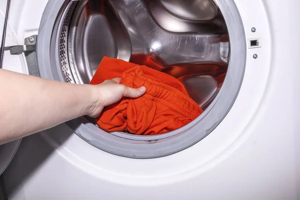 Hand Puts Laundry Washing Machine Laundry Home — Stock Photo, Image